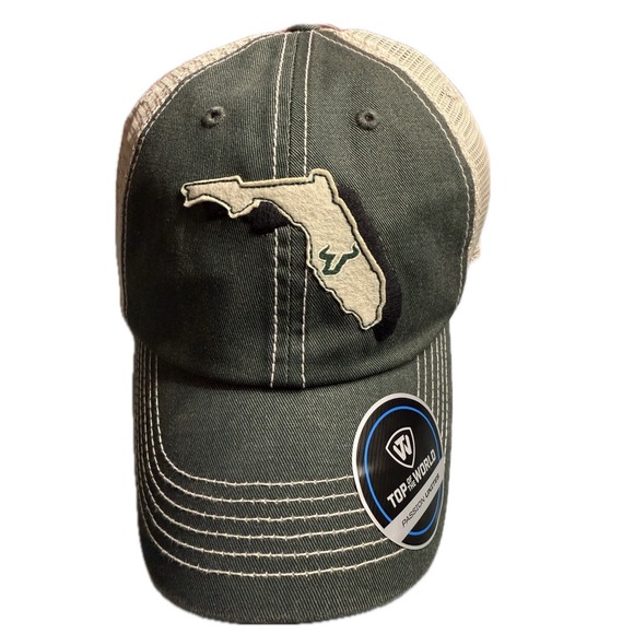 USF Bulls Men's Top Of The World Relaxed Green Vintage Mesh Back Hat - Picture 1 of 3